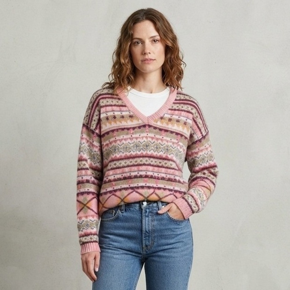 Vintage Forenza Fair Isle V-Neck Sweater Pink Multi Geometric Ramie Cotton M